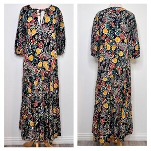 Natural Life Maxi Dress Floral Print Black Yellow Boho Tiered‎ Festival XS/S